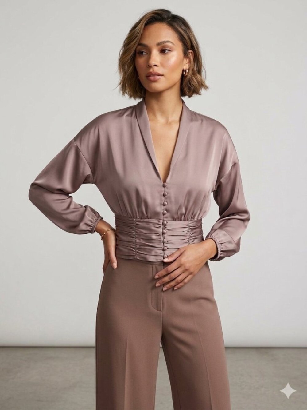 7th Avenue Design Studio Mauve Satin Ruched Waist Blouse XS